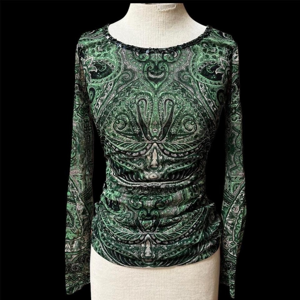 INC International concepts Green micromesh long sleeve tee sequin scoop neck S